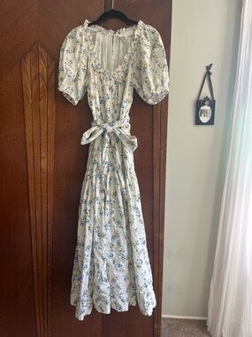 The Great Cream Floral Puff-Sleeve Maxi Dress with Waist Tie